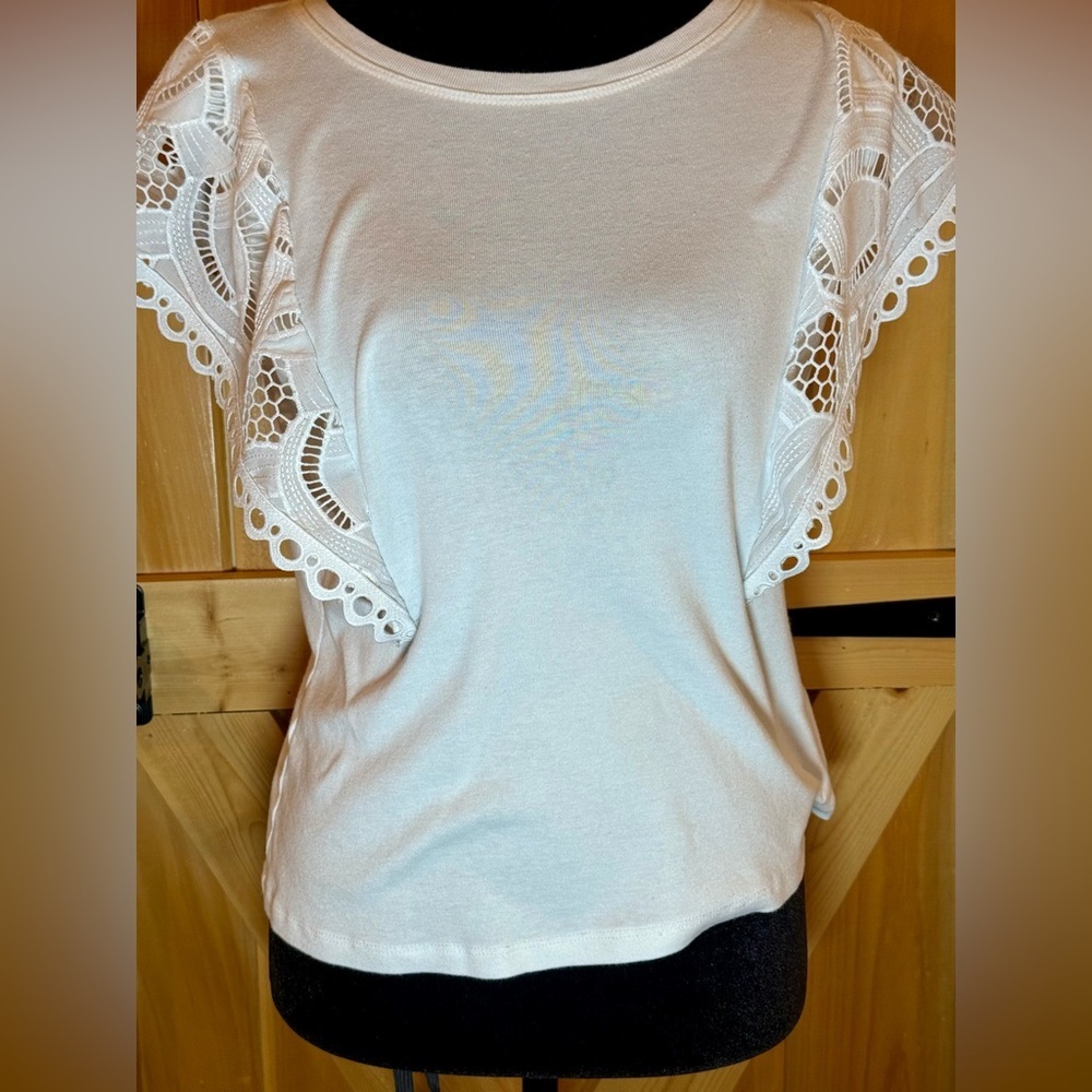 Catherine Malandrino White Flutter Lace Sleeve Blouse, size M
